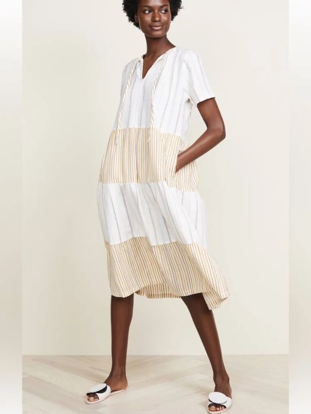 Ace & Jig White and Beige Striped Tiered Midi Dress